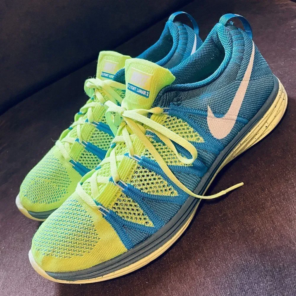 NIKE Mens Flyknit Lunar 2 Sz 10 US 44 EUR Volt Blue 9 UK Running Shoes
